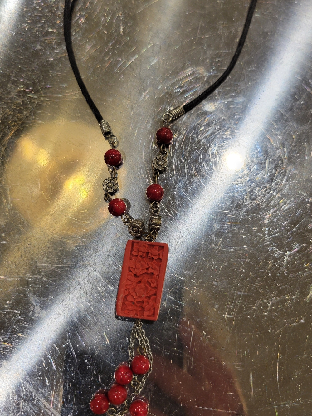 Red Carved Pendant Necklace - Women's Jewelry